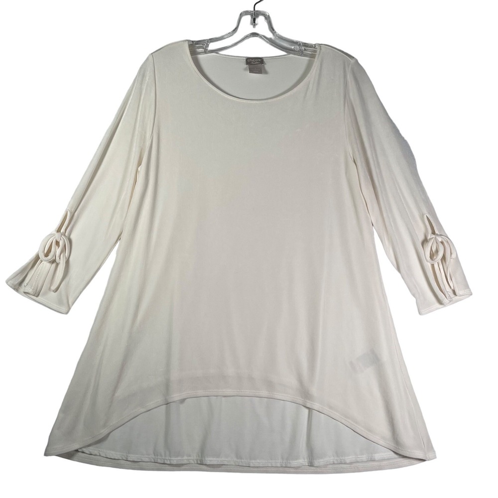 Chicos Travelers Top Womens M/1 White 3/4 Tie Sleeve Asymmetrical Hem Minimalist